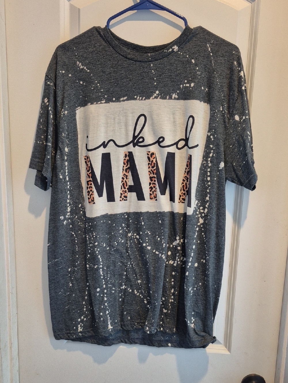 Gildan Gray Splatter "Inked Mama" Graphic Tee with Leopard Print
